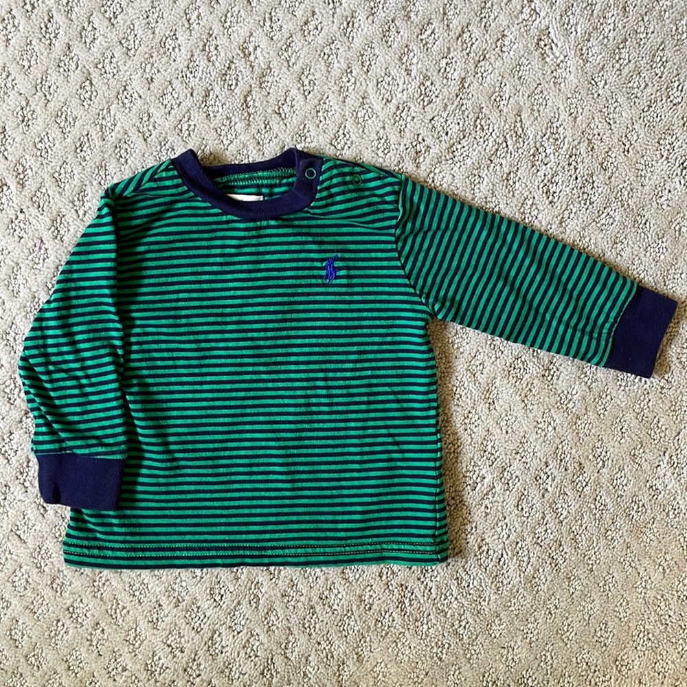 Ralph Lauren, navy and green striped long sleeve, 6 months